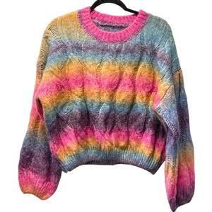 Shein Sweater Womens S Rainbow Cable Knit Pullover Crew Knit Colorful Bright